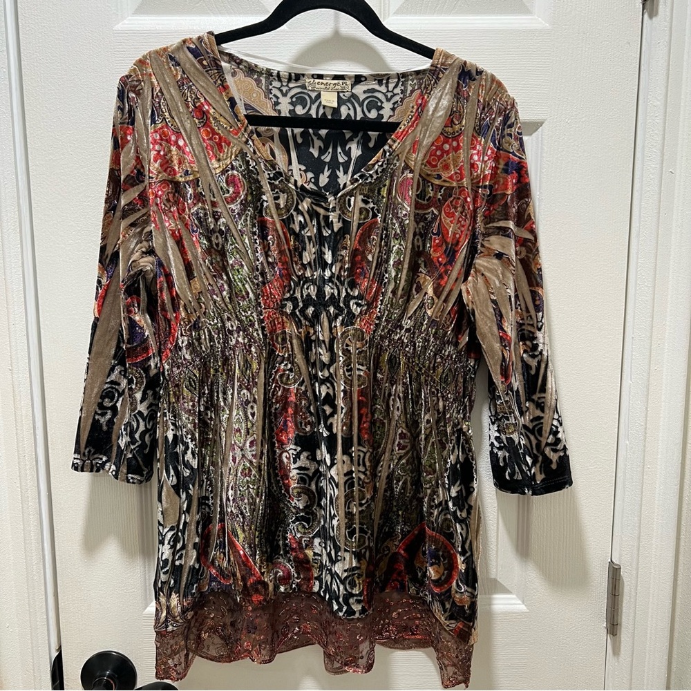 ENERGE WORLD WEAR Velvet Burnout Tunic Top Paisley Sequin | SIZE Petite Large